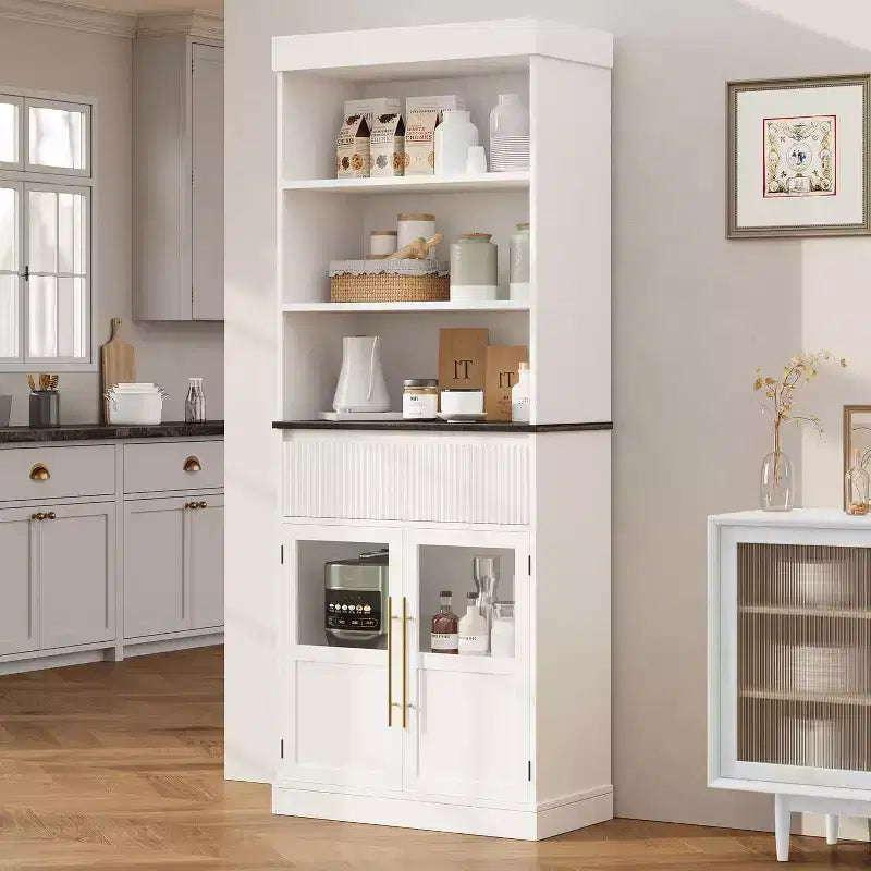 70 Tall Kitchen Pantry Cabinet with Glass Doors & Drawer - Versatile Storage for Living Room, Office, Dining Room, and Entryway