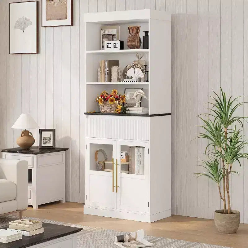 70 Tall Kitchen Pantry Cabinet with Glass Doors & Drawer - Versatile Storage for Living Room, Office, Dining Room, and Entryway
