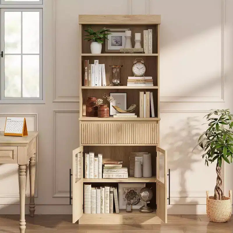 70 Tall Kitchen Pantry Cabinet with Glass Doors & Drawer - Versatile Storage for Living Room, Office, Dining Room, and Entryway