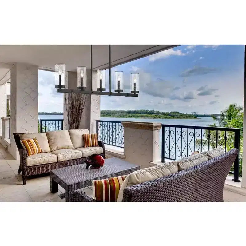 Marlow 5-Light Outdoor Linear Chandelier - Dimmable Aluminum Fixture with Seedy Glass Shades