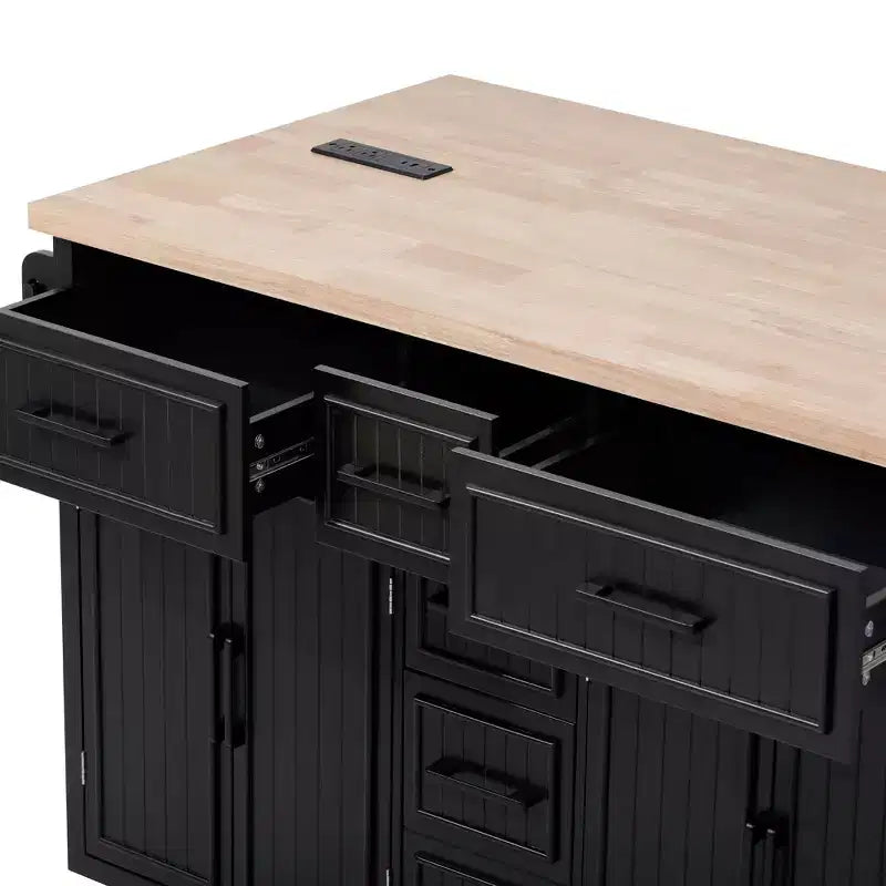 56.5 Rustic Kitchen Island with Power Outlet - Rolling Cart w/ Drop Leaf, 4 Doors & 5 Drawers, Adjustable Shelves & Wheels