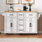 56.5 Rustic Kitchen Island with Power Outlet - Rolling Cart w/ Drop Leaf, 4 Doors & 5 Drawers, Adjustable Shelves & Wheels