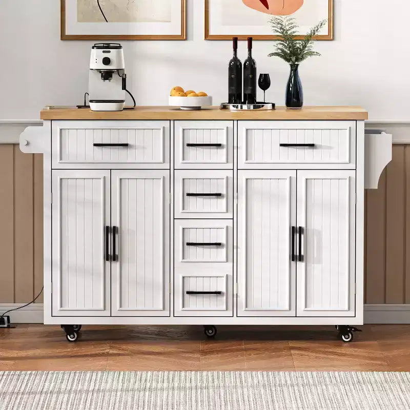 56.5 Rustic Kitchen Island with Power Outlet - Rolling Cart w/ Drop Leaf, 4 Doors & 5 Drawers, Adjustable Shelves & Wheels