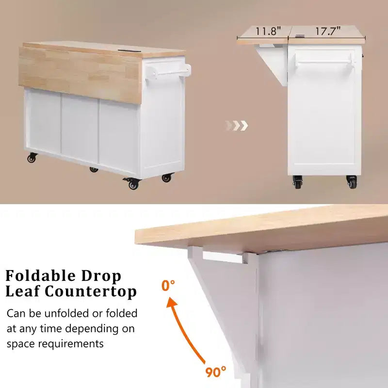 56.5 Rustic Kitchen Island with Power Outlet - Rolling Cart w/ Drop Leaf, 4 Doors & 5 Drawers, Adjustable Shelves & Wheels