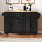 56.5 Rustic Kitchen Island with Power Outlet - Rolling Cart w/ Drop Leaf, 4 Doors & 5 Drawers, Adjustable Shelves & Wheels
