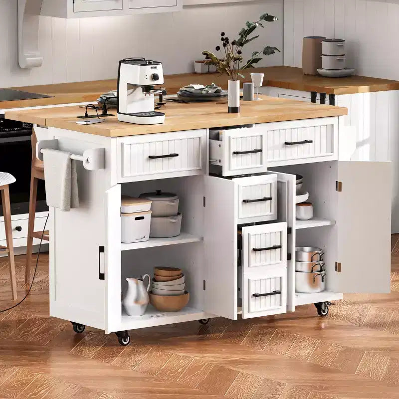 56.5 Rustic Kitchen Island with Power Outlet - Rolling Cart w/ Drop Leaf, 4 Doors & 5 Drawers, Adjustable Shelves & Wheels