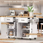 56.5 Rustic Kitchen Island with Power Outlet - Rolling Cart w/ Drop Leaf, 4 Doors & 5 Drawers, Adjustable Shelves & Wheels