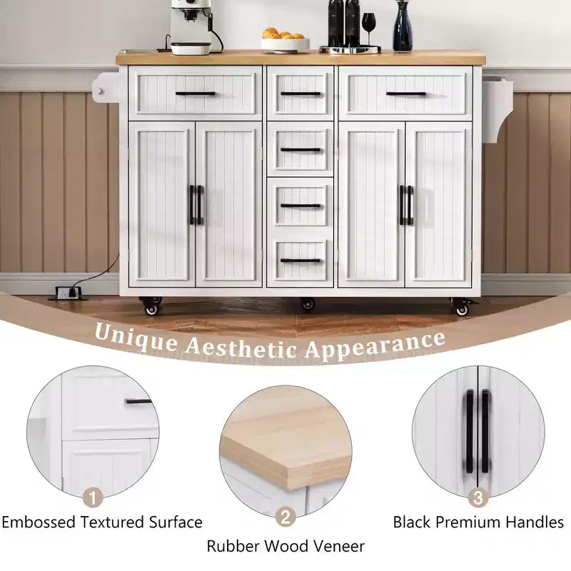 56.5 Rustic Kitchen Island with Power Outlet - Rolling Cart w/ Drop Leaf, 4 Doors & 5 Drawers, Adjustable Shelves & Wheels