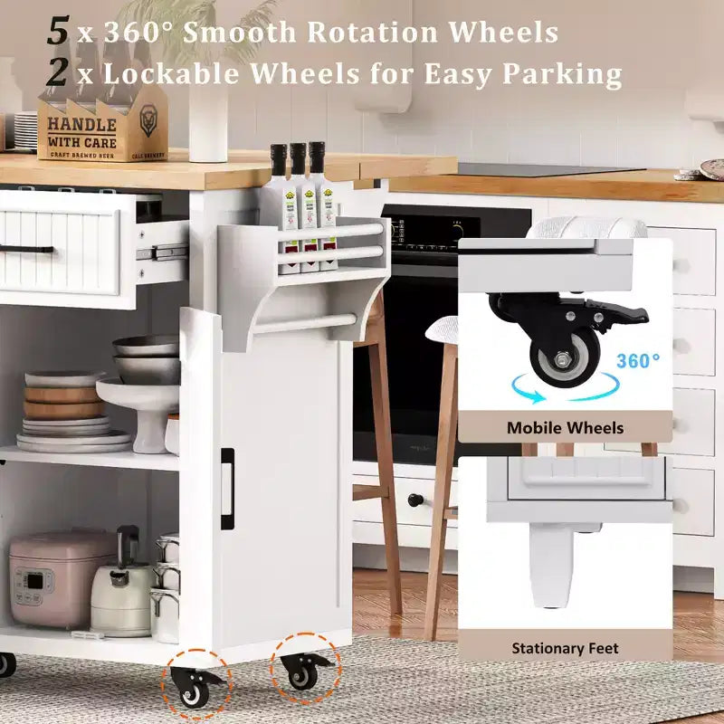 56.5 Rustic Kitchen Island with Power Outlet - Rolling Cart w/ Drop Leaf, 4 Doors & 5 Drawers, Adjustable Shelves & Wheels
