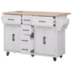 56.5 Rustic Kitchen Island with Power Outlet - Rolling Cart w/ Drop Leaf, 4 Doors & 5 Drawers, Adjustable Shelves & Wheels