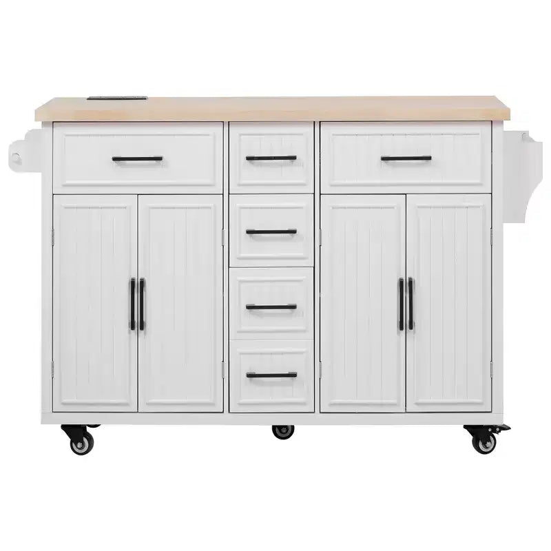 56.5 Rustic Kitchen Island with Power Outlet - Rolling Cart w/ Drop Leaf, 4 Doors & 5 Drawers, Adjustable Shelves & Wheels