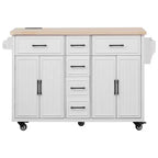 56.5 Rustic Kitchen Island with Power Outlet - Rolling Cart w/ Drop Leaf, 4 Doors & 5 Drawers, Adjustable Shelves & Wheels
