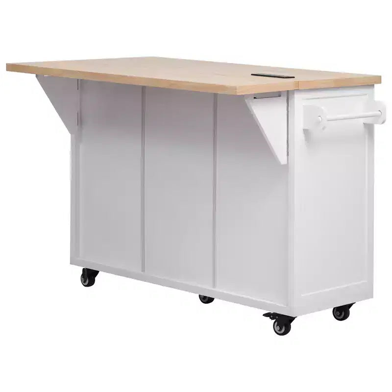 56.5 Rustic Kitchen Island with Power Outlet - Rolling Cart w/ Drop Leaf, 4 Doors & 5 Drawers, Adjustable Shelves & Wheels