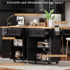 56.5 Rustic Kitchen Island with Power Outlet - Rolling Cart w/ Drop Leaf, 4 Doors & 5 Drawers, Adjustable Shelves & Wheels