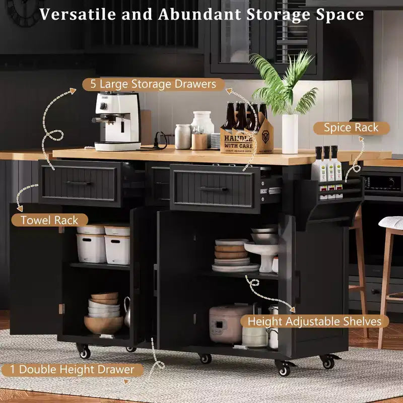 56.5 Rustic Kitchen Island with Power Outlet - Rolling Cart w/ Drop Leaf, 4 Doors & 5 Drawers, Adjustable Shelves & Wheels