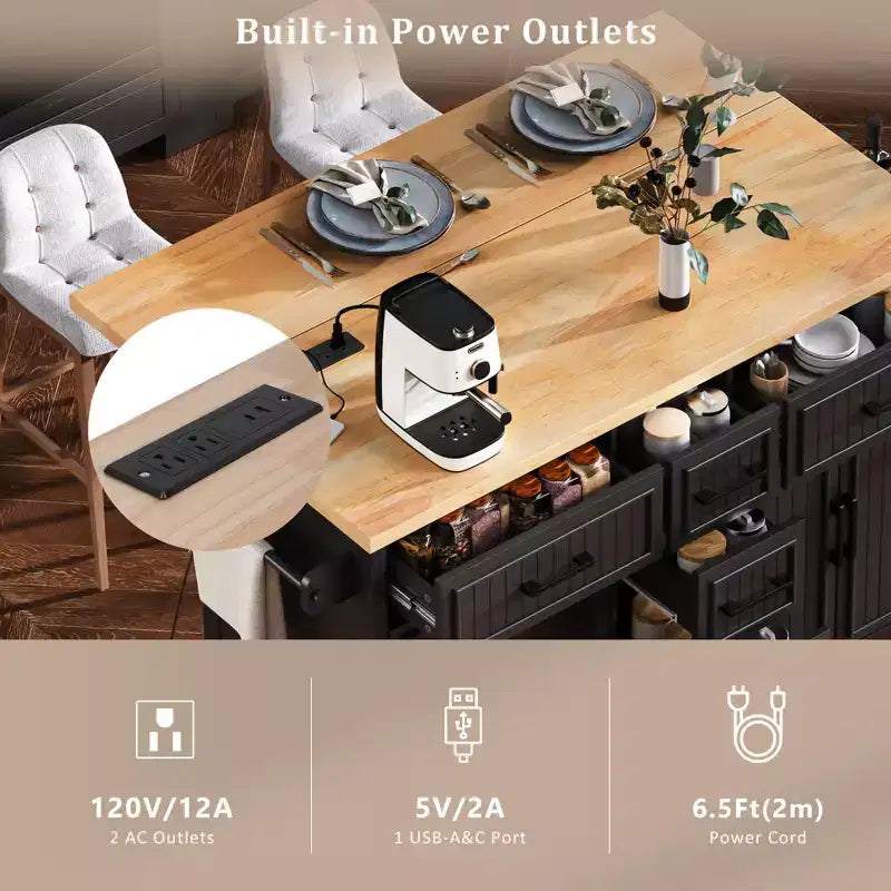 56.5 Rustic Kitchen Island with Power Outlet - Rolling Cart w/ Drop Leaf, 4 Doors & 5 Drawers, Adjustable Shelves & Wheels