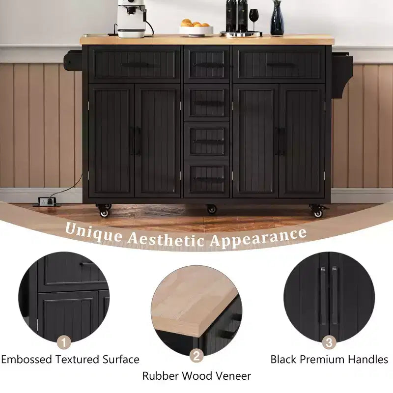 56.5 Rustic Kitchen Island with Power Outlet - Rolling Cart w/ Drop Leaf, 4 Doors & 5 Drawers, Adjustable Shelves & Wheels