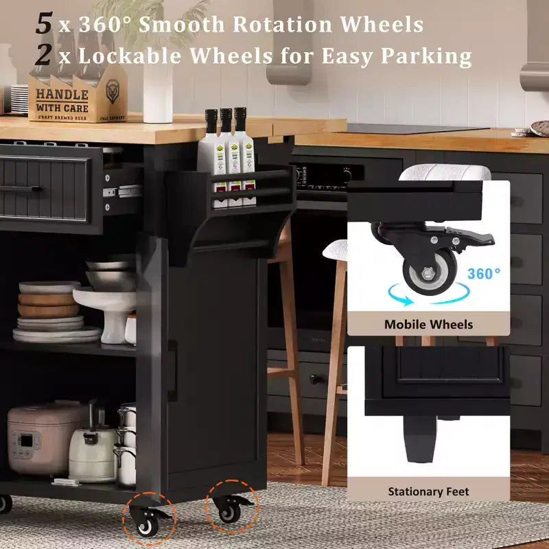 56.5 Rustic Kitchen Island with Power Outlet - Rolling Cart w/ Drop Leaf, 4 Doors & 5 Drawers, Adjustable Shelves & Wheels