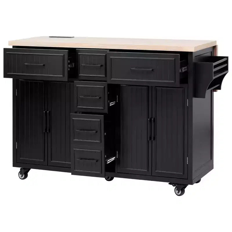 56.5 Rustic Kitchen Island with Power Outlet - Rolling Cart w/ Drop Leaf, 4 Doors & 5 Drawers, Adjustable Shelves & Wheels