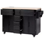 56.5 Rustic Kitchen Island with Power Outlet - Rolling Cart w/ Drop Leaf, 4 Doors & 5 Drawers, Adjustable Shelves & Wheels