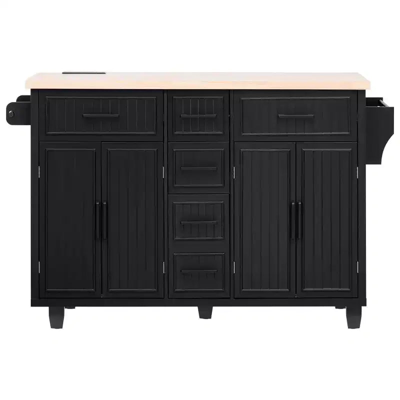 56.5 Rustic Kitchen Island with Power Outlet - Rolling Cart w/ Drop Leaf, 4 Doors & 5 Drawers, Adjustable Shelves & Wheels