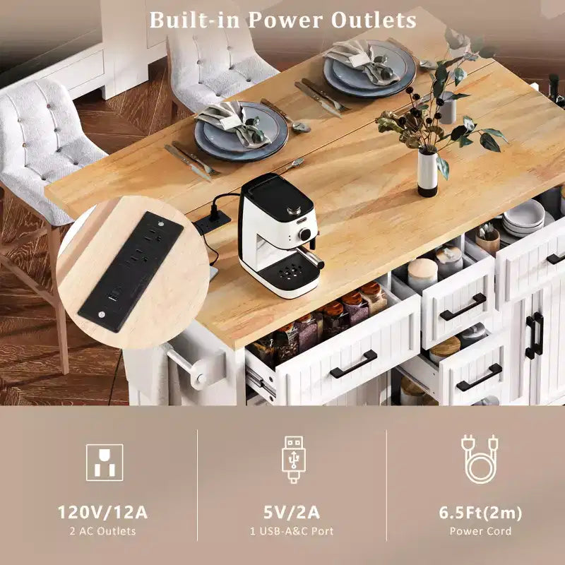 56.5 Rustic Kitchen Island with Power Outlet - Rolling Cart w/ Drop Leaf, 4 Doors & 5 Drawers, Adjustable Shelves & Wheels