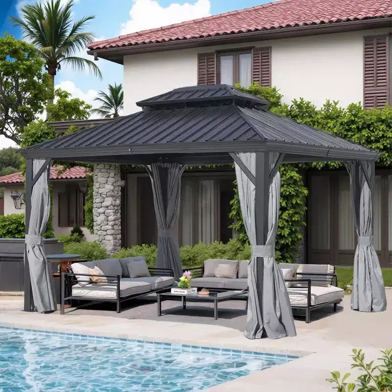 GDFStudio Noah 12' x 16' Aluminum Gazebo with Galvanized Steel Double Roof, Curtains and Netting