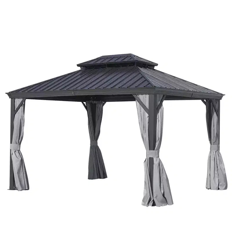 GDFStudio Noah 12' x 16' Aluminum Gazebo with Galvanized Steel Double Roof, Curtains and Netting