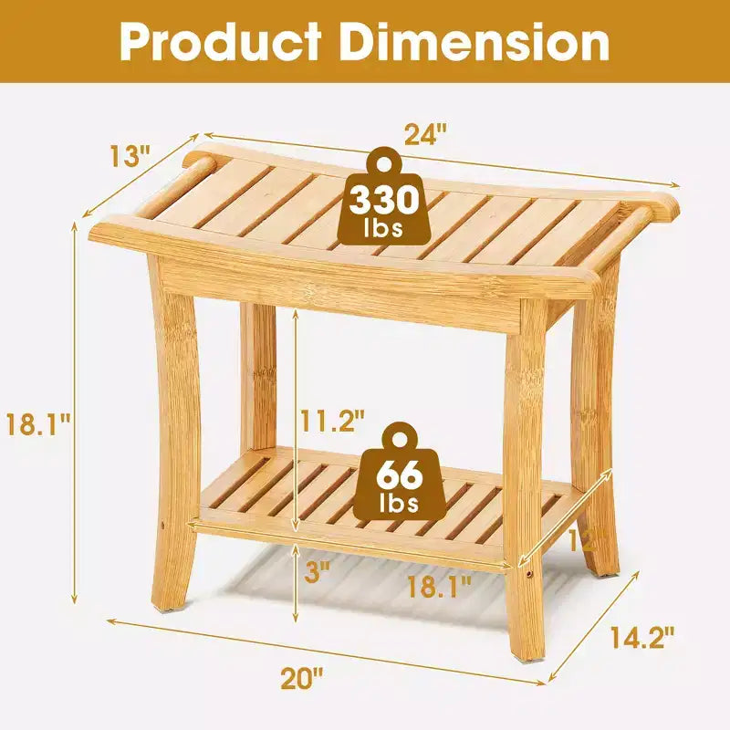 Bamboo Shower Bench with Storage Shelf Waterproof Bath Stool with Handles Non-Slip Pads 330 lb Capacity for Spa Bathroom Seniors