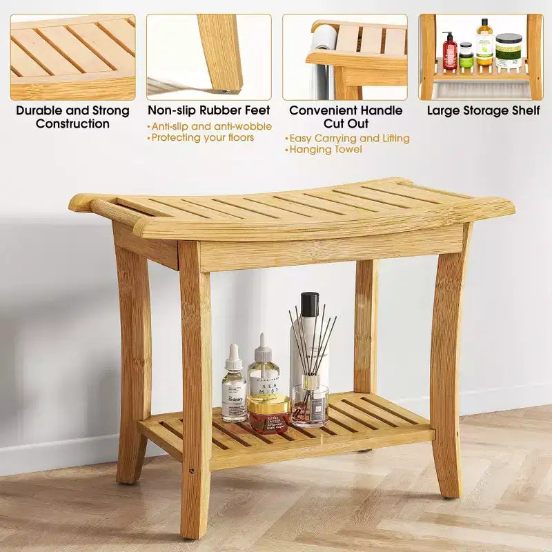 Bamboo Shower Bench with Storage Shelf Waterproof Bath Stool with Handles Non-Slip Pads 330 lb Capacity for Spa Bathroom Seniors