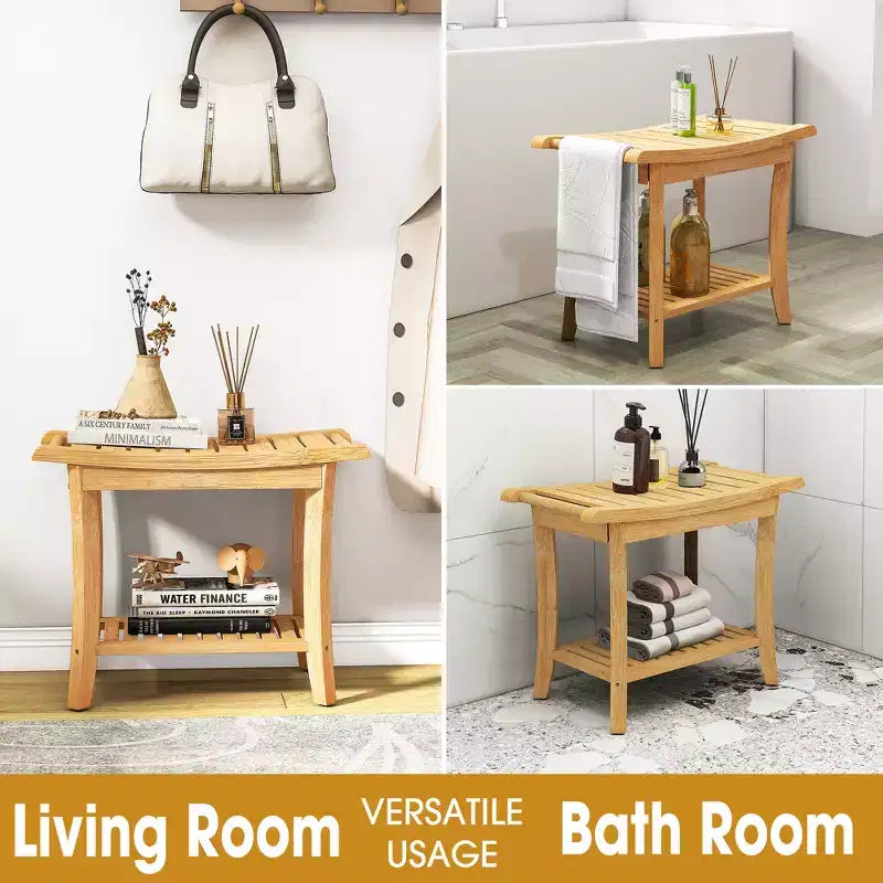 Bamboo Shower Bench with Storage Shelf Waterproof Bath Stool with Handles Non-Slip Pads 330 lb Capacity for Spa Bathroom Seniors