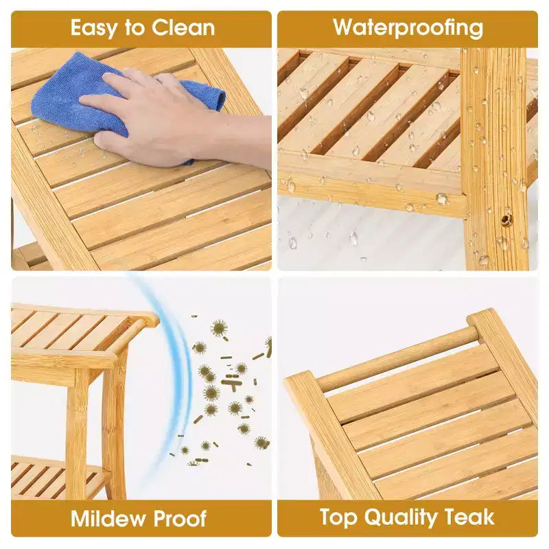 Bamboo Shower Bench with Storage Shelf Waterproof Bath Stool with Handles Non-Slip Pads 330 lb Capacity for Spa Bathroom Seniors