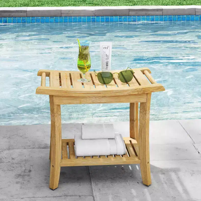 Bamboo Shower Bench with Storage Shelf Waterproof Bath Stool with Handles Non-Slip Pads 330 lb Capacity for Spa Bathroom Seniors
