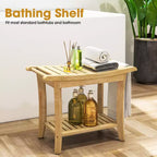 Bamboo Shower Bench with Storage Shelf Waterproof Bath Stool with Handles Non-Slip Pads 330 lb Capacity for Spa Bathroom Seniors