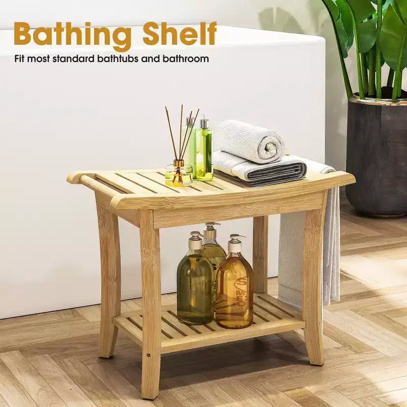 Bamboo Shower Bench with Storage Shelf Waterproof Bath Stool with Handles Non-Slip Pads 330 lb Capacity for Spa Bathroom Seniors