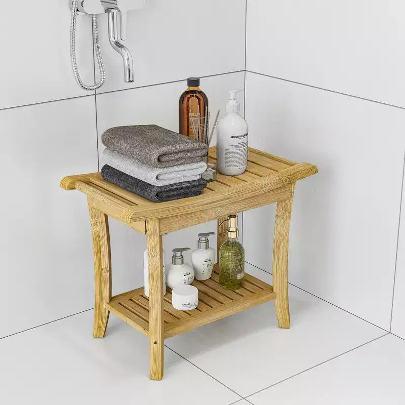 Bamboo Shower Bench with Storage Shelf Waterproof Bath Stool with Handles Non-Slip Pads 330 lb Capacity for Spa Bathroom Seniors