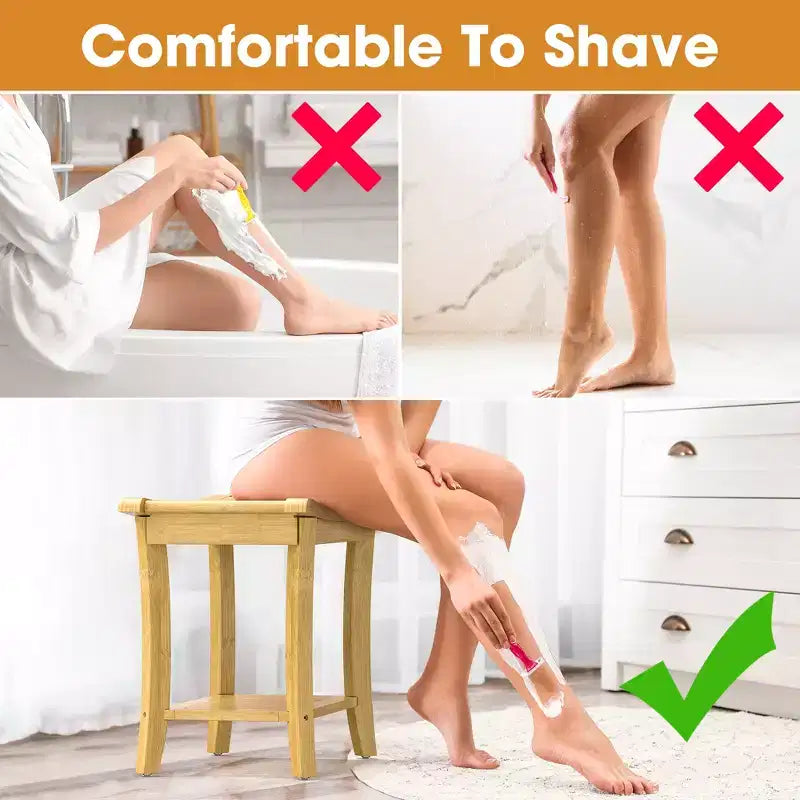 Bamboo Shower Bench with Storage Shelf Waterproof Bath Stool with Handles Non-Slip Pads 330 lb Capacity for Spa Bathroom Seniors