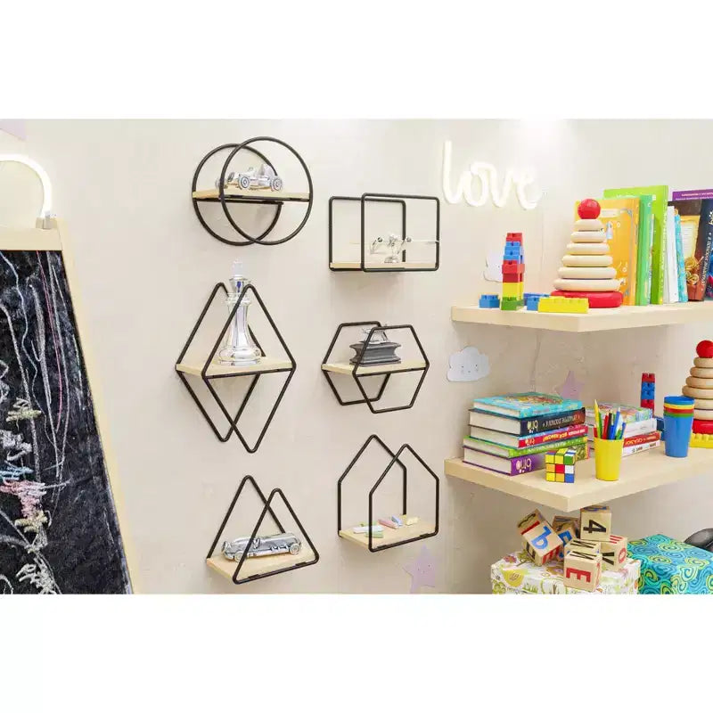 Set of 6 Geometric Wall Shelves  Floating Wooden Wall Decor