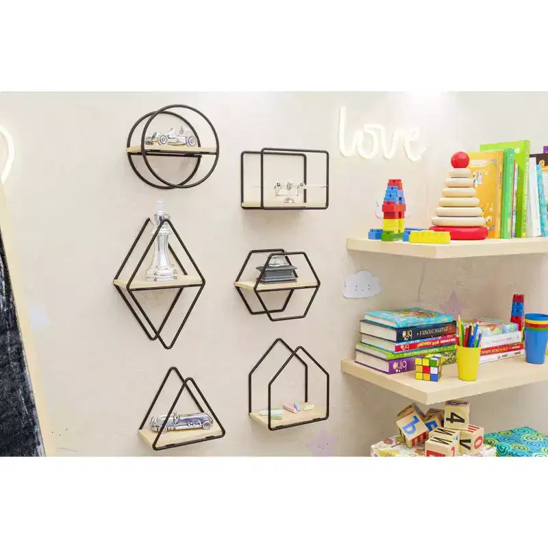 Set of 6 Geometric Wall Shelves  Floating Wooden Wall Decor