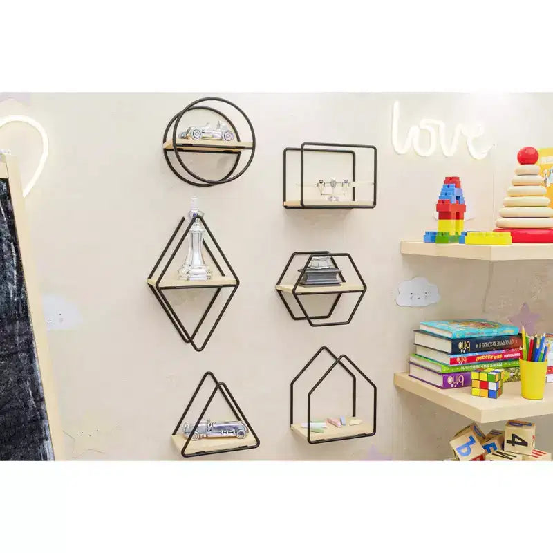 Set of 6 Geometric Wall Shelves  Floating Wooden Wall Decor