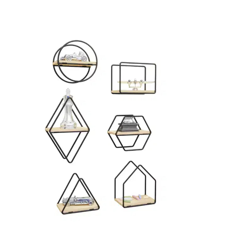 Set of 6 Geometric Wall Shelves  Floating Wooden Wall Decor