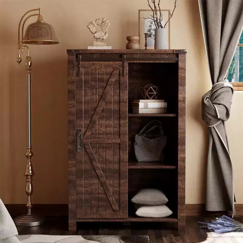 SinCiDo Farmhouse Modern 5 Drawer Tall Dresser w/Sliding Barn Door, Storage Organizer Dresser for Bedroom, Living Room & Kids Room