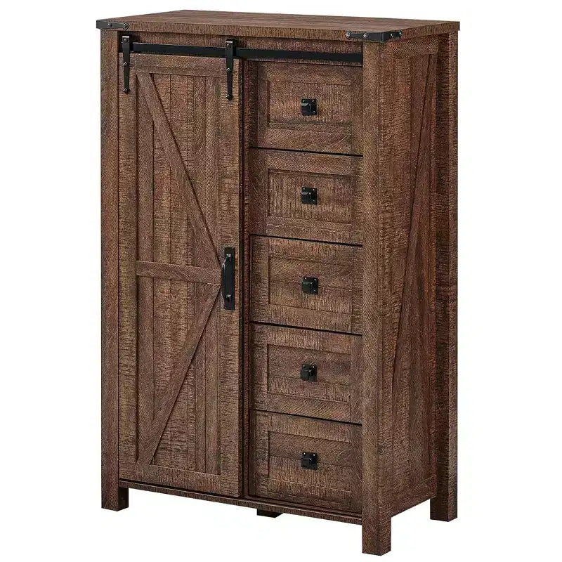SinCiDo Farmhouse Modern 5 Drawer Tall Dresser w/Sliding Barn Door, Storage Organizer Dresser for Bedroom, Living Room & Kids Room