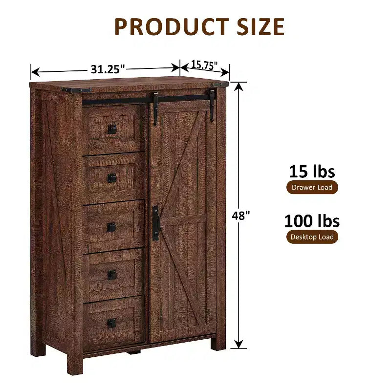 SinCiDo Farmhouse Modern 5 Drawer Tall Dresser w/Sliding Barn Door, Storage Organizer Dresser for Bedroom, Living Room & Kids Room