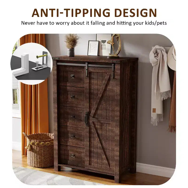 SinCiDo Farmhouse Modern 5 Drawer Tall Dresser w/Sliding Barn Door, Storage Organizer Dresser for Bedroom, Living Room & Kids Room
