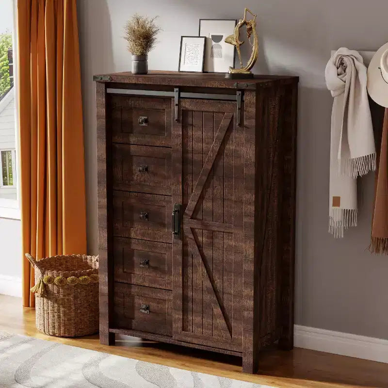 SinCiDo Farmhouse Modern 5 Drawer Tall Dresser w/Sliding Barn Door, Storage Organizer Dresser for Bedroom, Living Room & Kids Room
