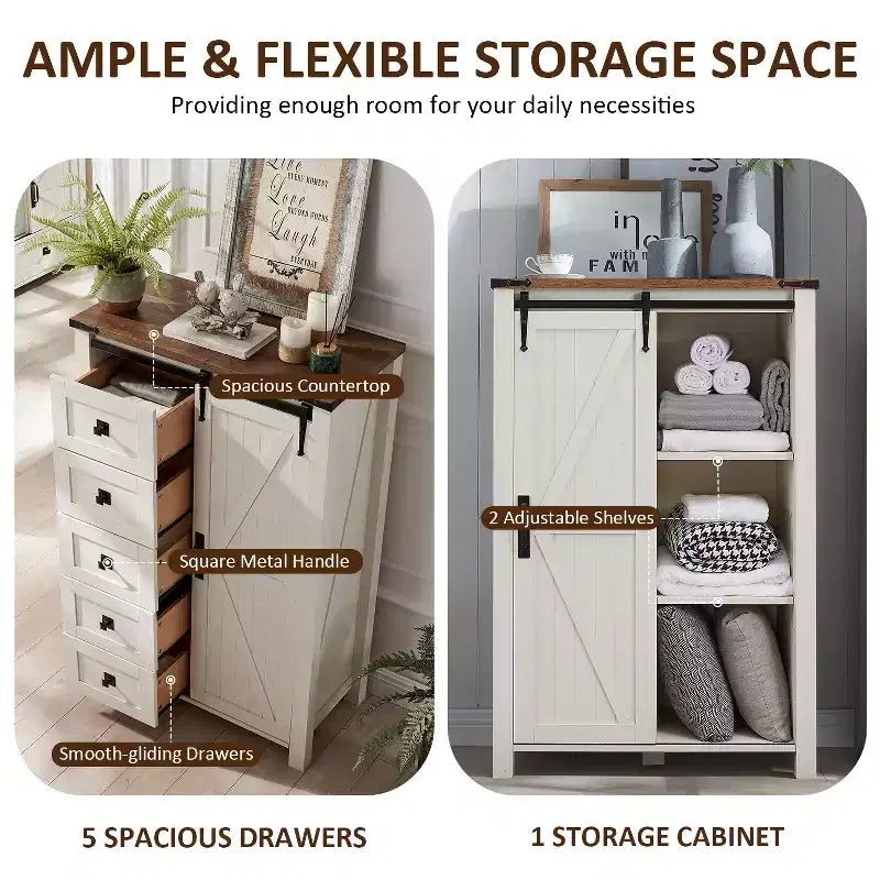 SinCiDo Farmhouse Modern 5 Drawer Tall Dresser w/Sliding Barn Door, Storage Organizer Dresser for Bedroom, Living Room & Kids Room