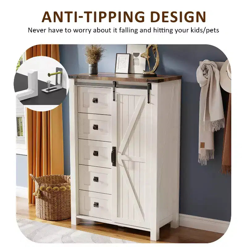SinCiDo Farmhouse Modern 5 Drawer Tall Dresser w/Sliding Barn Door, Storage Organizer Dresser for Bedroom, Living Room & Kids Room