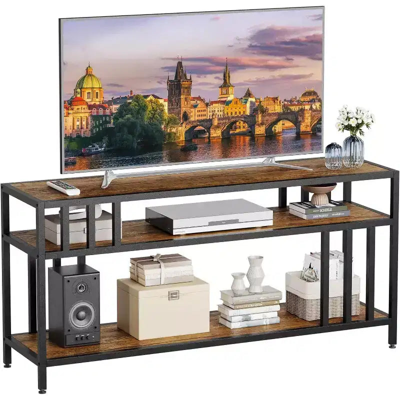65 TV Stand for Up to 75 TVs, Grey Entertainment Center with Open Storage Shelves and Quadruple-Tube Support
