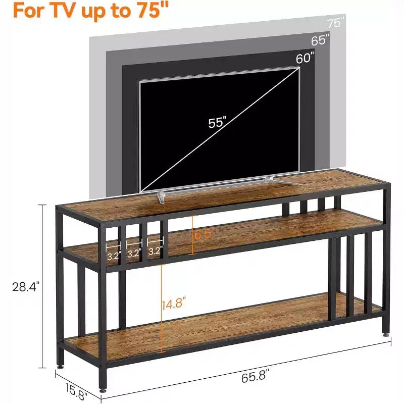 65 TV Stand for Up to 75 TVs, Grey Entertainment Center with Open Storage Shelves and Quadruple-Tube Support